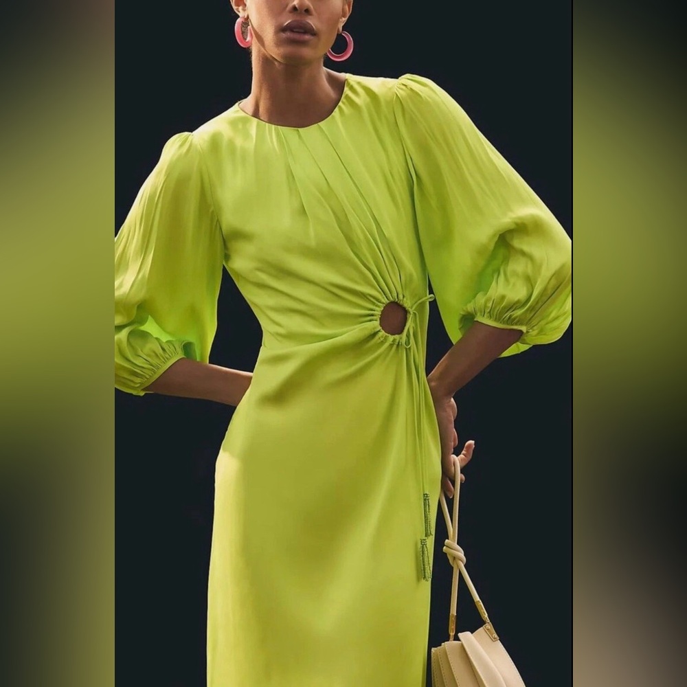 Farm Rio Lime Green Cutout Midi Dress NWT – Balloon Sleeve, Tassel Tie - Picture 2 of 16
